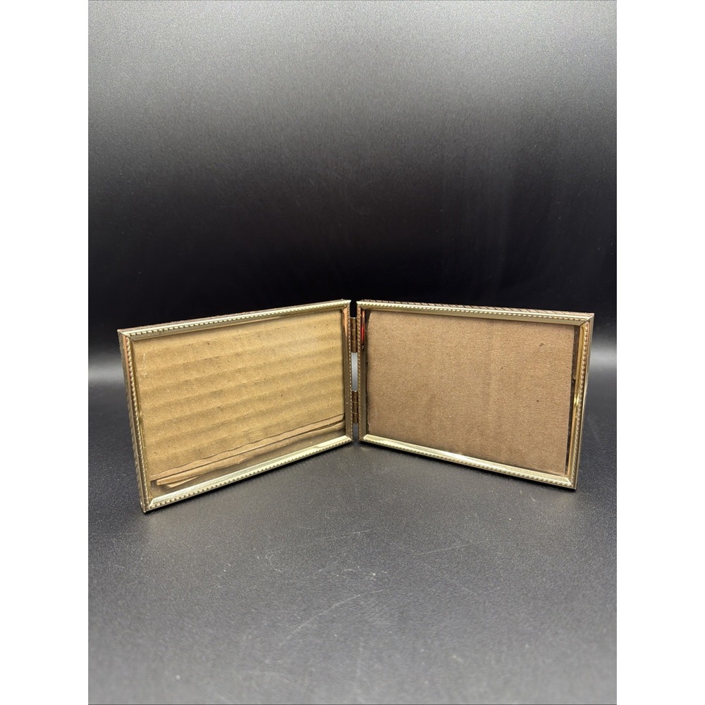 Bi-Fold Double Picture Frame 3.5" x 5" Gold Toned Metal Brass Glass - VTG